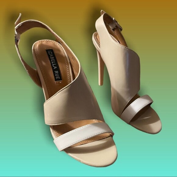 Izabella Rue Lorac Peep Toe Sandal Heels Size 9.5 Ivory and Taupe - Picture 6 of 9